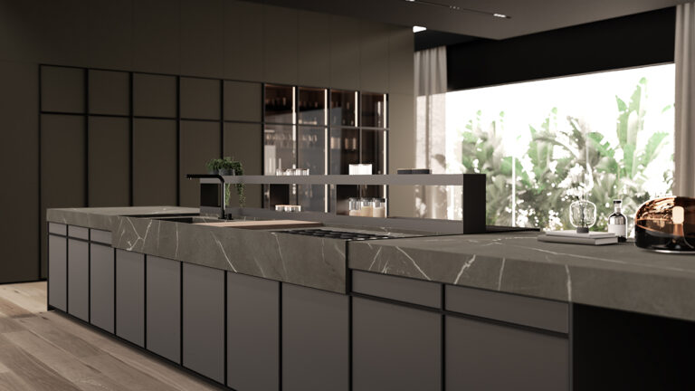 Isola, top cucina e lavabo in IN-SIDE, Pietra Piasentina Grigio. Andrea Federici