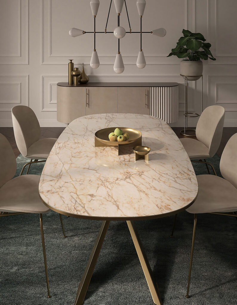Cristallo Macchia Vecchia from the Diamond series is a precious testimony of the past, a timeless surface on which beige, gray, amber and gold veins chase each other and intertwine.